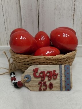8 Decorative Red Eggs & Eggs .25 Cents Beaded Garland Tag Farmhouse Country Farm